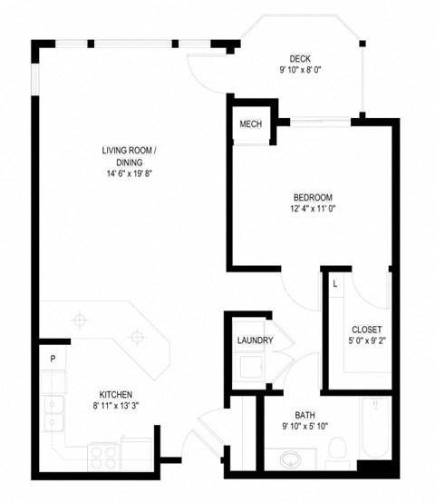Floor plan for 1 bed, 1 bath, 817 sqft